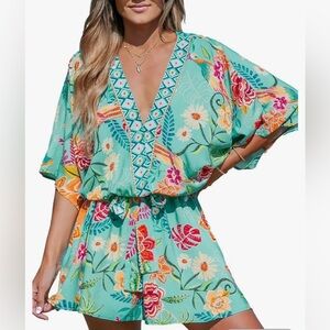 Women's Swim Coverup Romper Cupshe Size Medium Turquoise Floral Quick Dry NWT